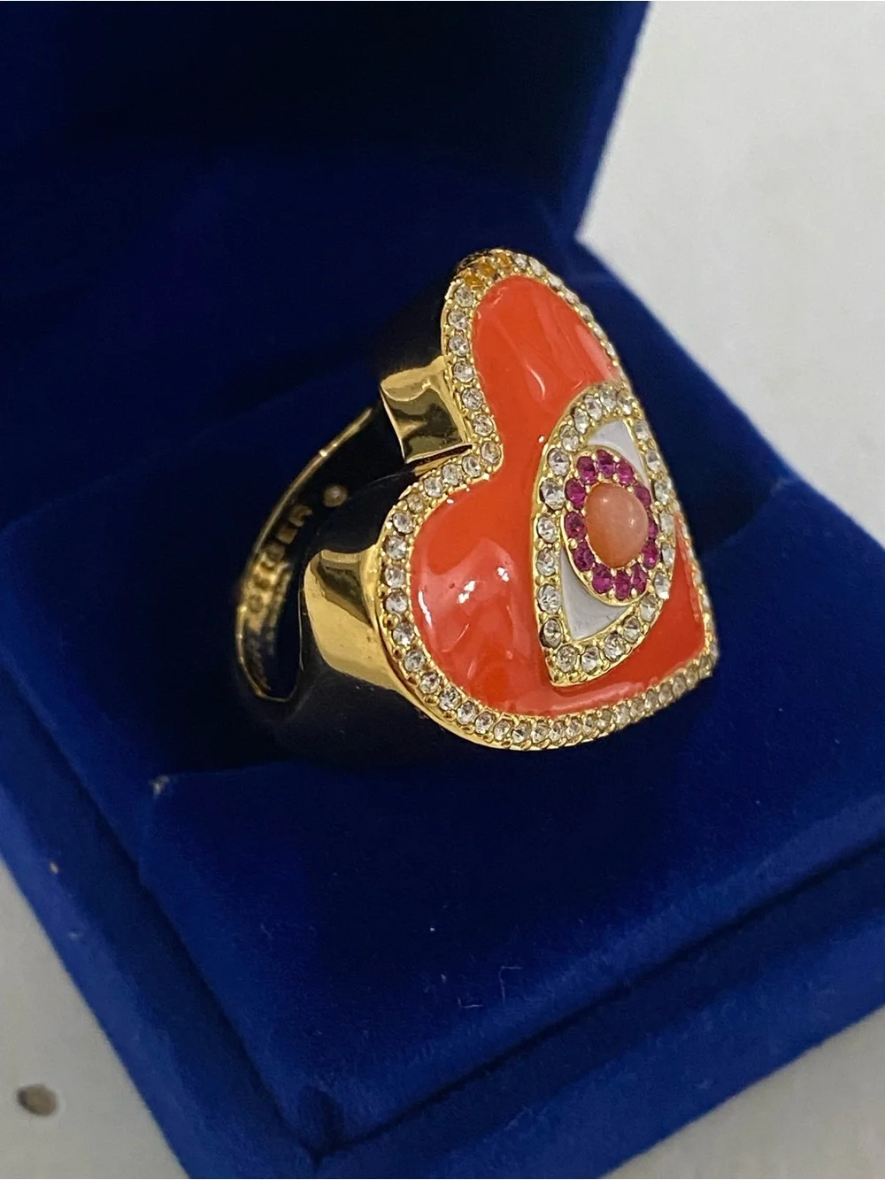Kurt Geiger Evil Eye Heart Cocktail Ring Gold Tone Orange Enamel Size 7